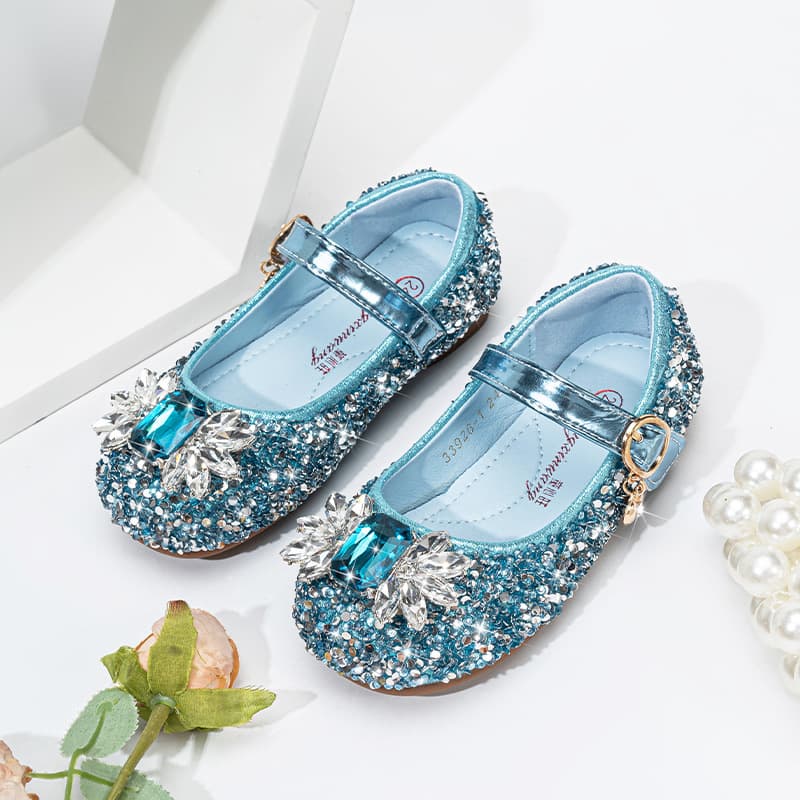 Girls Princess Shoes Elsa Crystal Shoes Spring Autumn New Sparkling Rhinestone Shoes Soft Sole Children Leather Shoes Little Girl Flats