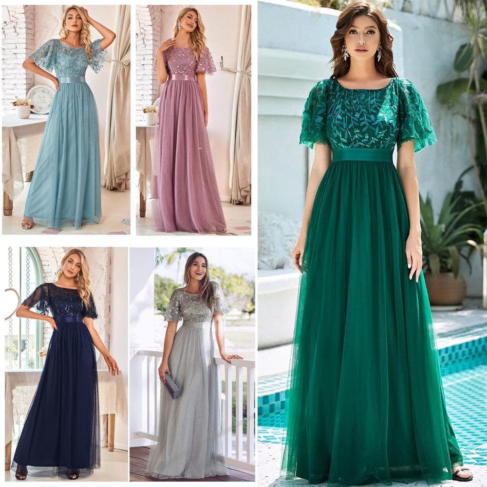 European and American cross-border elastic waist splicing round neck party large A swing mesh evening dress 2026 new dress long skirt