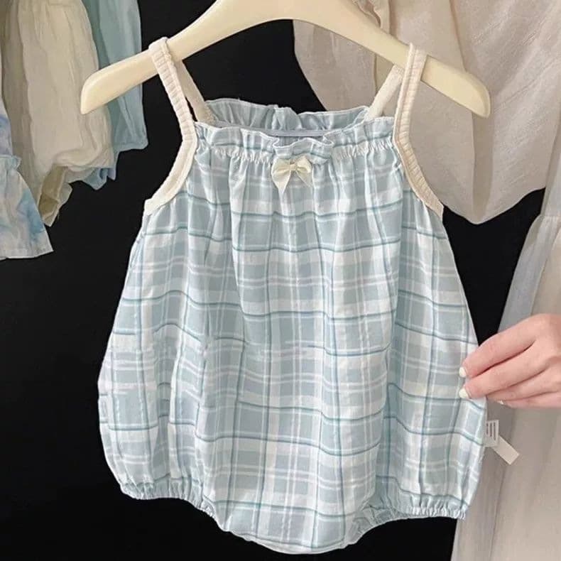 Baby girl clothes summer clothes cute infant plaid sling bag fart clothes baby jumpsuit blue other sleeveless