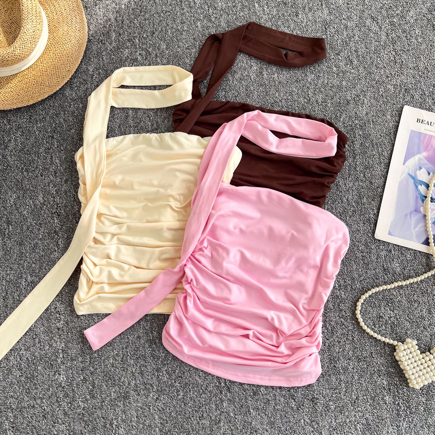 Curated European and American Style Strapless Vest Top for Women Summer Solid Color Pleated Slim Fit with Ribbon Design Petite Hot Girl Top