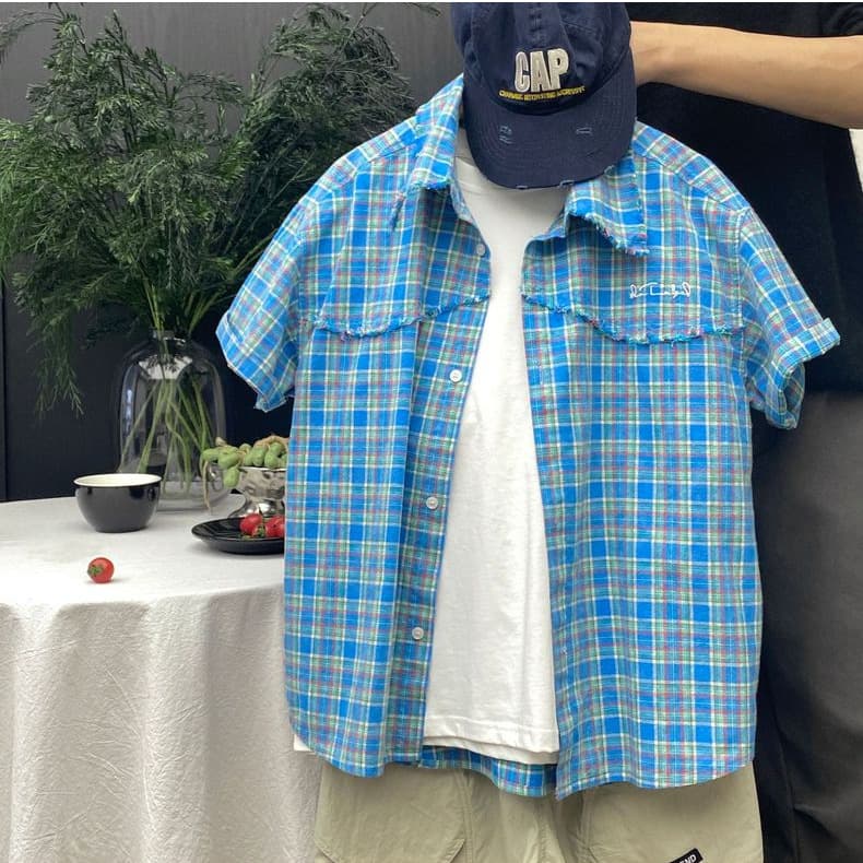 2026 Summer Peacock Blue Plaid Kids Shirt, Skin-Friendly and Breathable Short Sleeve for Boys and Girls, Sizes 140-170cm