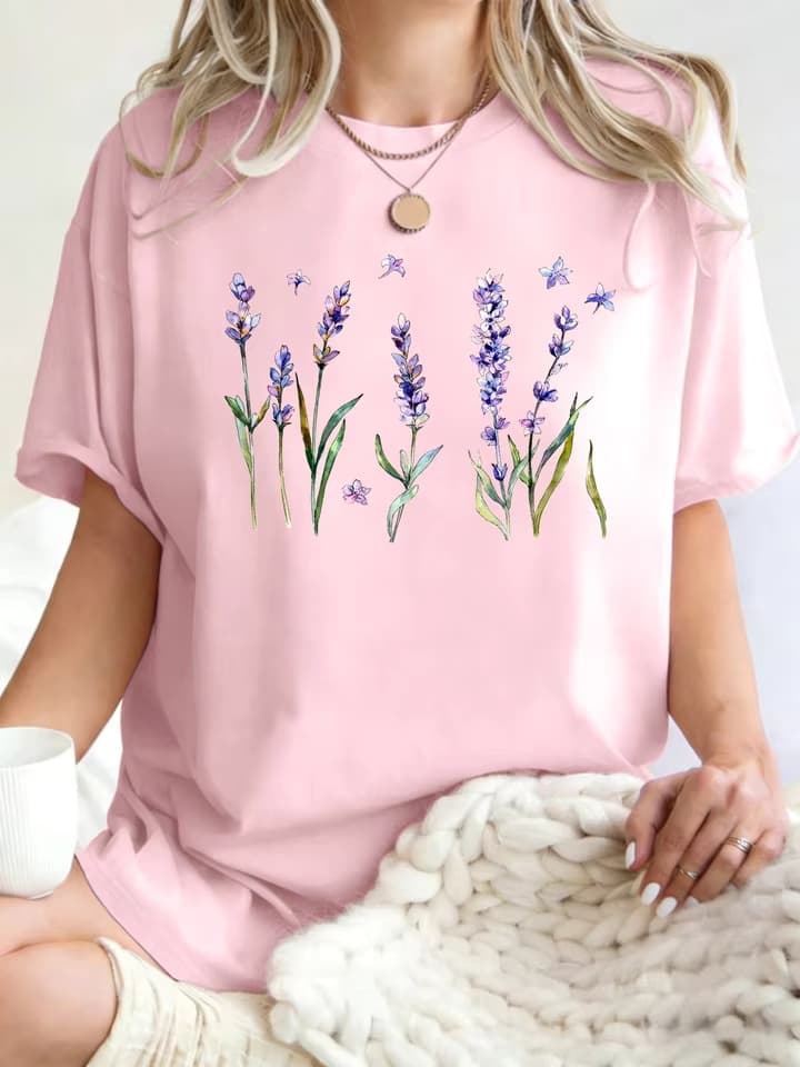 Fresh Lavender Print Women's T-Shirt Hip Hop Crew Neck Breathable Cotton Tee Oversized Summer Streetwear