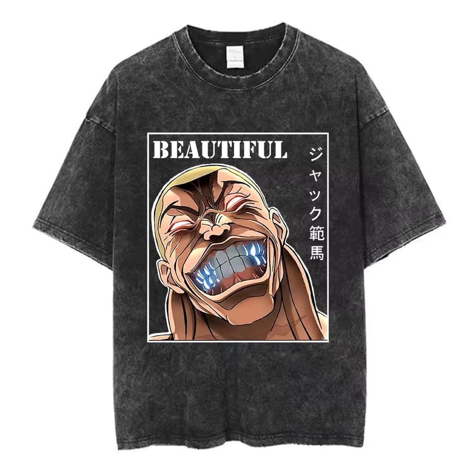 Vintage Washed T-Shirt Anime Baki Wrestler T-Shirt Hanma Yujiro Gym Short Sleeve T-Shirt Oversized Cotton