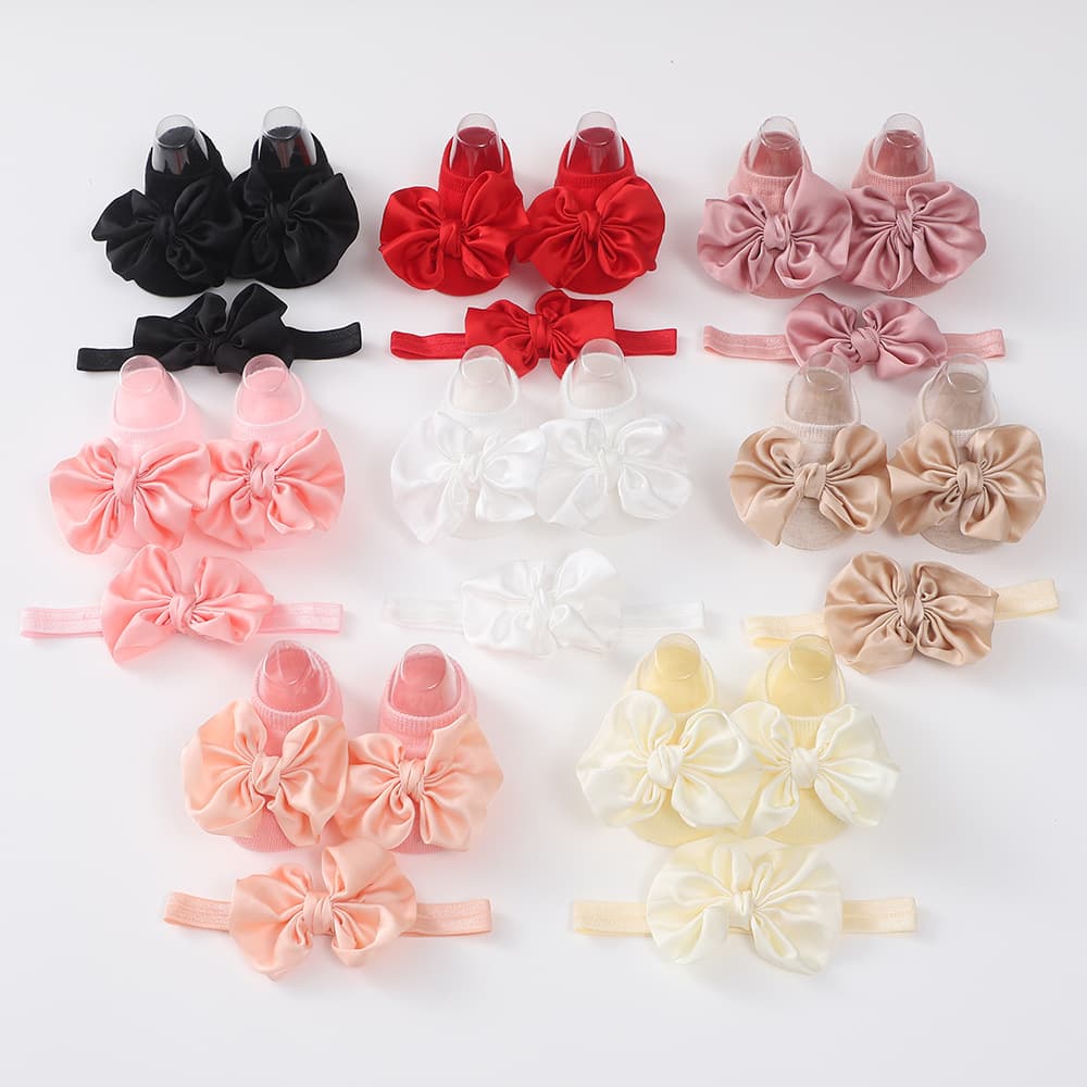 New Solid Color Baby Floor Socks with Large Bow Tie Design, Children's Anti-Slip Dot Walking Socks