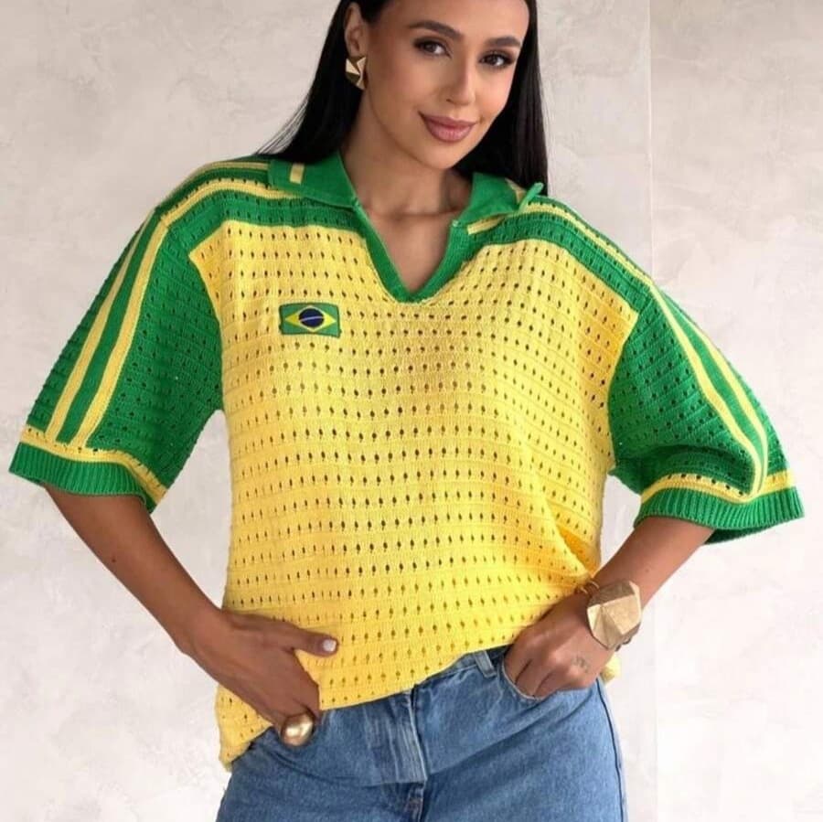 2026 European and American Cross-Border New Product Brazilian Flag Embroidered Knitted Top Women's Street Fashion Casual Lapel T-Shirt