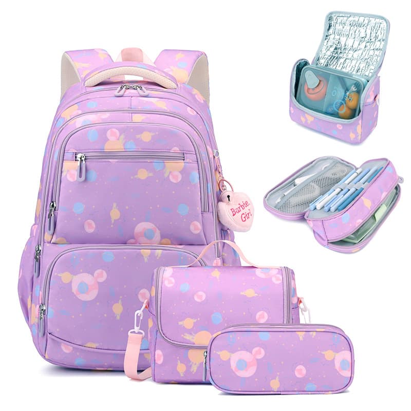 Cross-border 3-piece set primary school student backpack girls new cartoon print fabric middle school student backpack lightweight campus bag