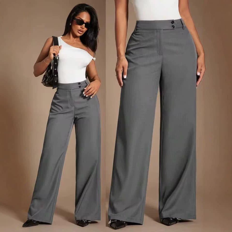 European and American style women's high-waisted double-breasted gray waist elasticated wide-leg casual commuting versatile slim suit pants