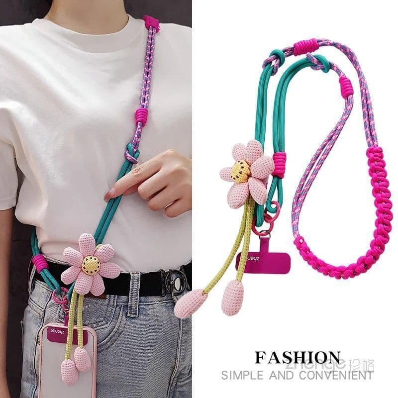 INS Creative Flower Woven 3-in-1 Lanyard Long Crossbody Phone Strap Outdoor Camera Anti-Loss Strap