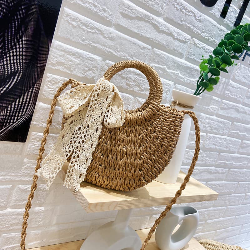 Summer Straw Bag with Lining, Bow Scarf, Bohemian Ethnic Style, Shoulder Crossbody Handbag for Women