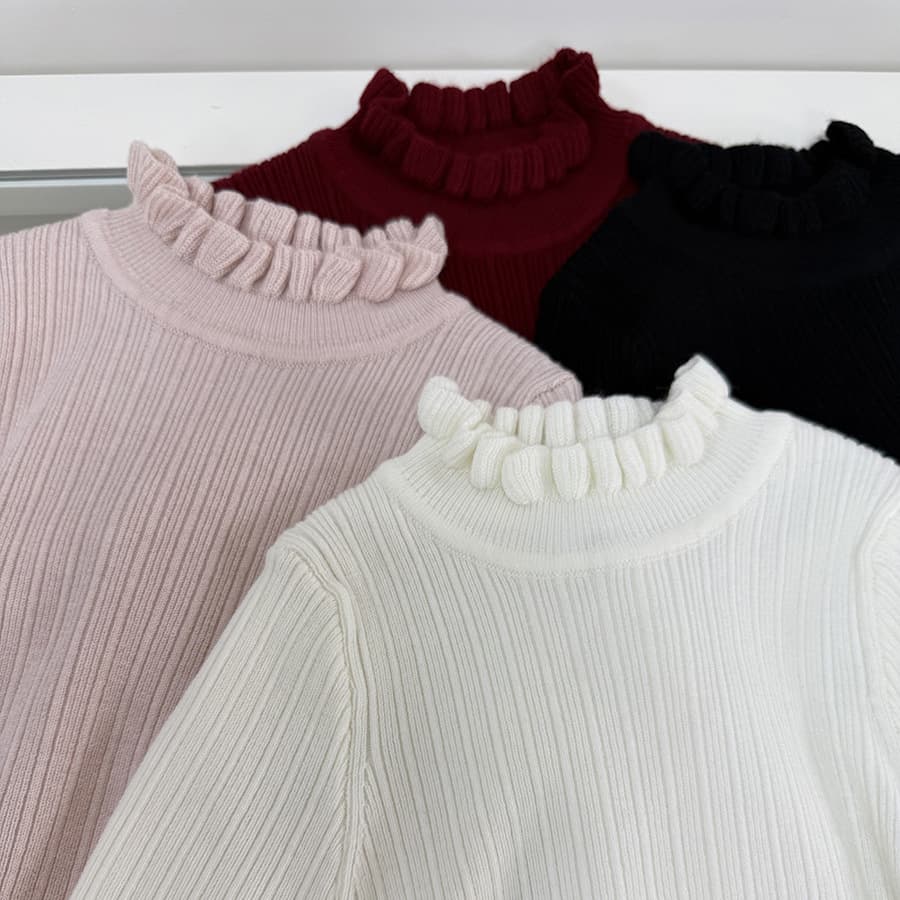 2025 autumn/winter new girls' wool knit base layer, children's ribbed slim-fit shirt with scalloped collar and mid-neck
