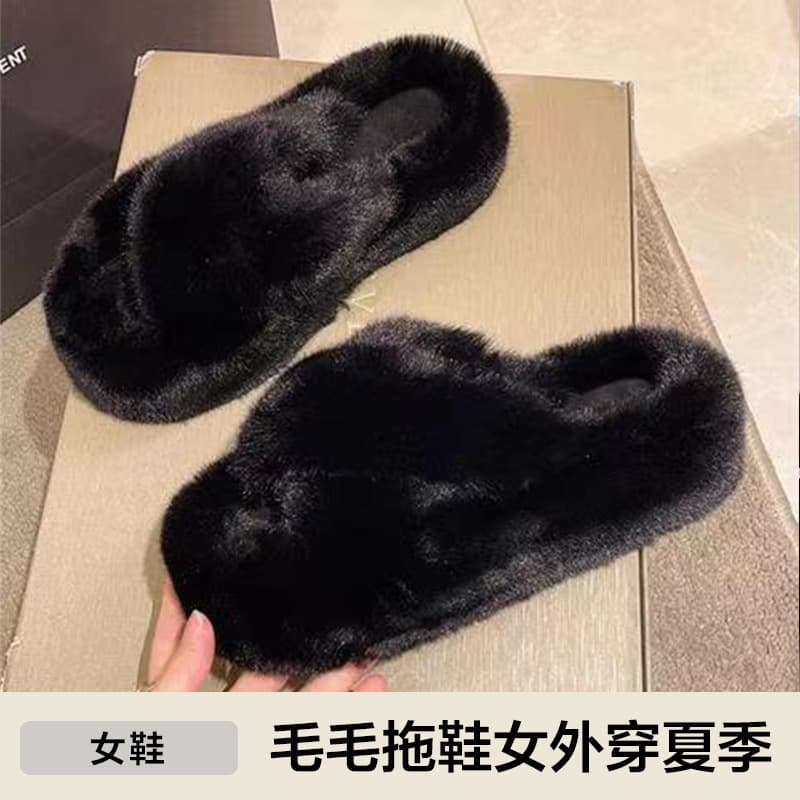 【Xinxuan】Korean Style Fuzzy Slippers for Women, Indoor/Outdoor Crossband Design, Autumn/Winter Fuzzy Shoes