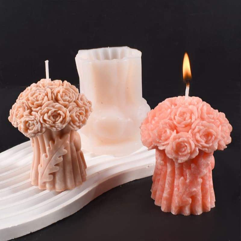 Bouquet Rose Flower Candle Mold, DIY 3D Flower Heart Rose Candle Plaster Ornament Silicone Mold