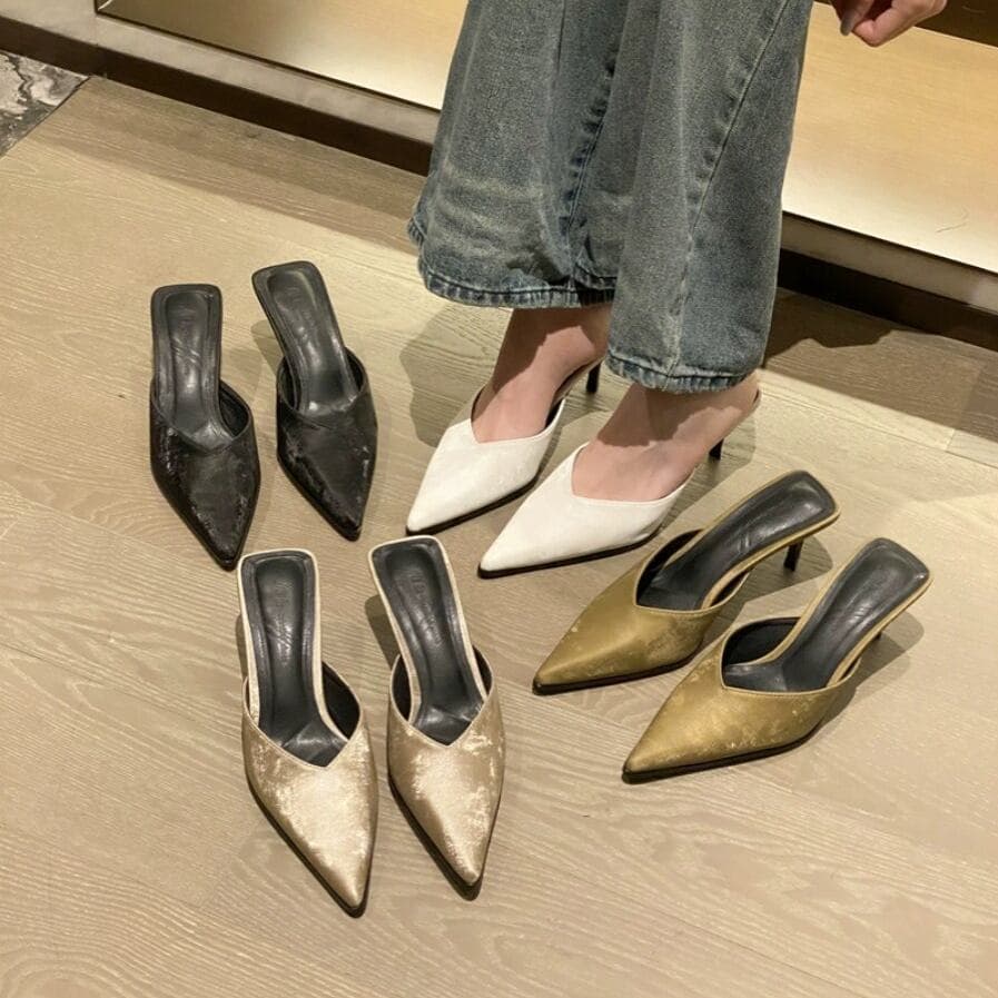 202 spring and summer new slimming pointed toe stiletto mid-heeled slippers V-mouth high-heeled temperament outer wear women's slippers