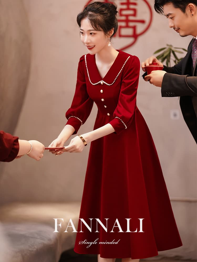 2023 Autumn/Winter Wine Red Wedding Dress for Plus Size Women High Waist Midi Length