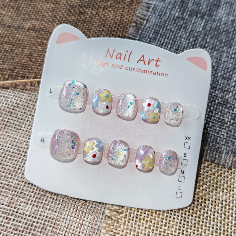 Flower Cat Eye Kids Wearable Nails Handmade Children Nail Stickers Cute Baby Nail Art for Ages 3-6-10