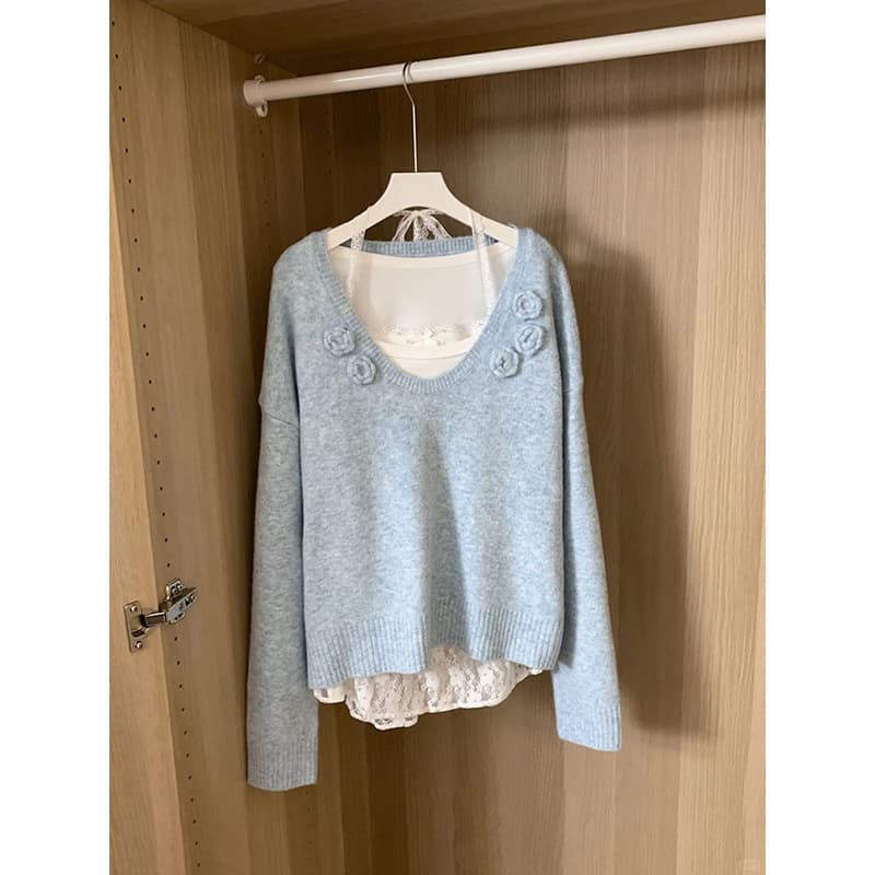 V-Neck Floral Base Top Women's Fall 2025 New Long Sleeve T-Shirt Pure Desire Inner Layering Pullover Sweater Women