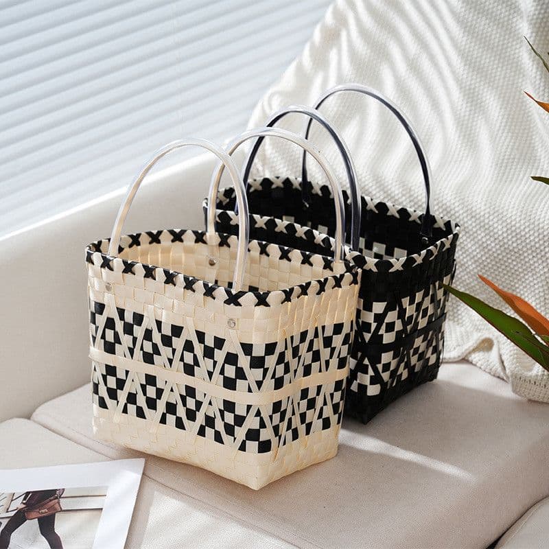 Shopping bag, vacation picnic storage basket, black and white straw bag, handwoven bag, vegetable basket, large capacity handbag