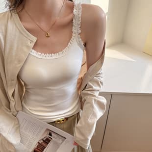 Designer Textured Cotton Lace Collar Layering Camisole Tank Top for Women, Sexy Slim Fit Basic Sleeveless Top