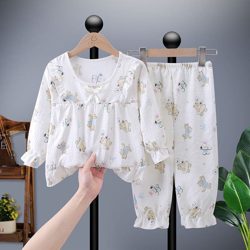 Summer girls' long-sleeved cloud cotton cardigan pajamas, children's thin silk home clothes, medium and large children's suits