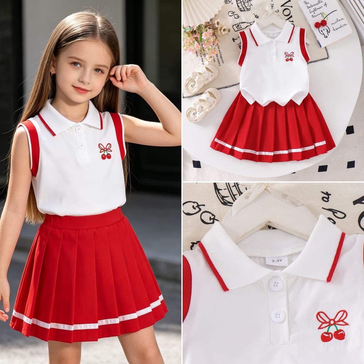 European and American Preppy Girl Summer Cherry Set Contrast Color Polo Sleeveless Top + Pleated Skirt Two-Piece Set Export Children's Clothing