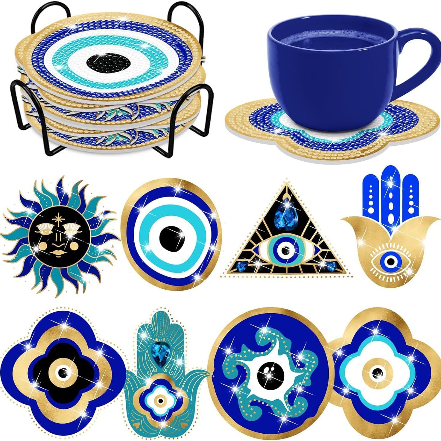 8 PCS Evil Eye Diamond Art Painting Coasters Set with Stand Evil Eye Diamond Art Coasters