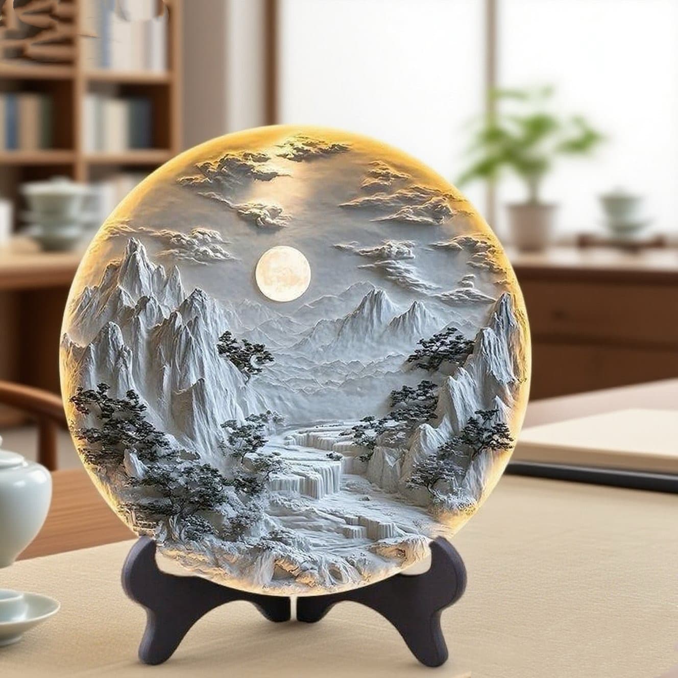 3D Relief Wall Art Round Plate Decorative Display Stand New Chinese Style Living Room Study Creative Desktop Ornament