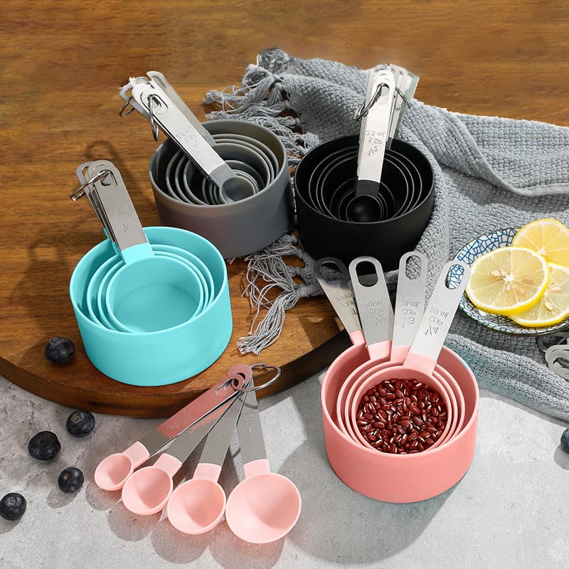Plastic Measuring Cup and Spoon Set 8-Piece, Stainless Steel Handle Baking Measuring Cup with Scale, Measuring Baking Tool