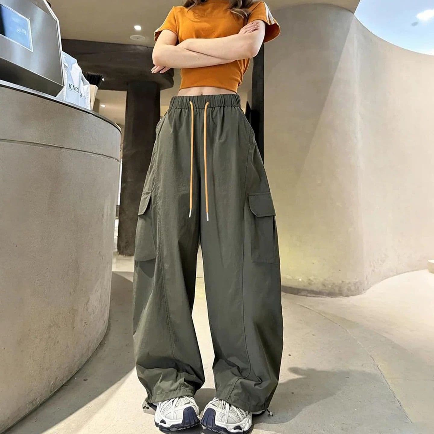 Army Green Cargo Wide Leg Pants for Women 2026 Summer New High Waist Slimming Quick-Dry Outdoor Casual Hiking Pants