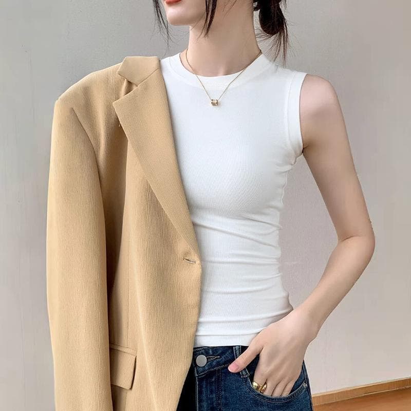 Solid Color Vest Tank Top Round Neck Sleeveless T-Shirt Cool Top Women Loose Casual Design Sense Summer