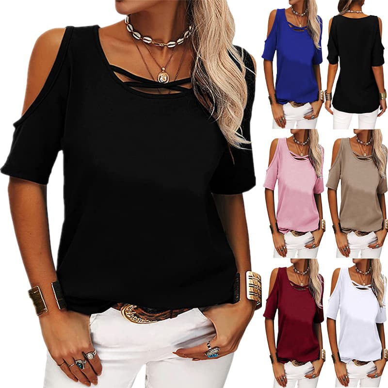 2023 Spring/Summer Women's Fashion Casual Solid Color Off-Shoulder Loose Short Sleeve T-Shirt for Amazon Wish Cross-Border