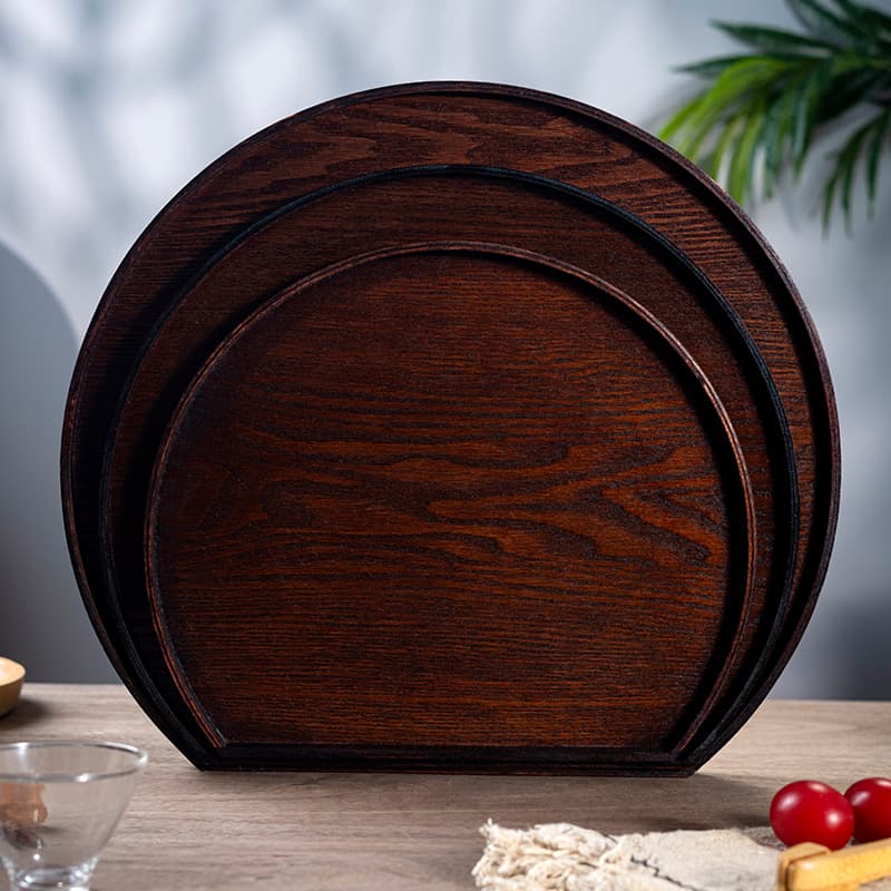 Ash Wood Semicircular Wooden Tea Tray Vintage Chinese Old Lacquer Color Home Tea Room Fruit Plate Hotel Tray Wholesale