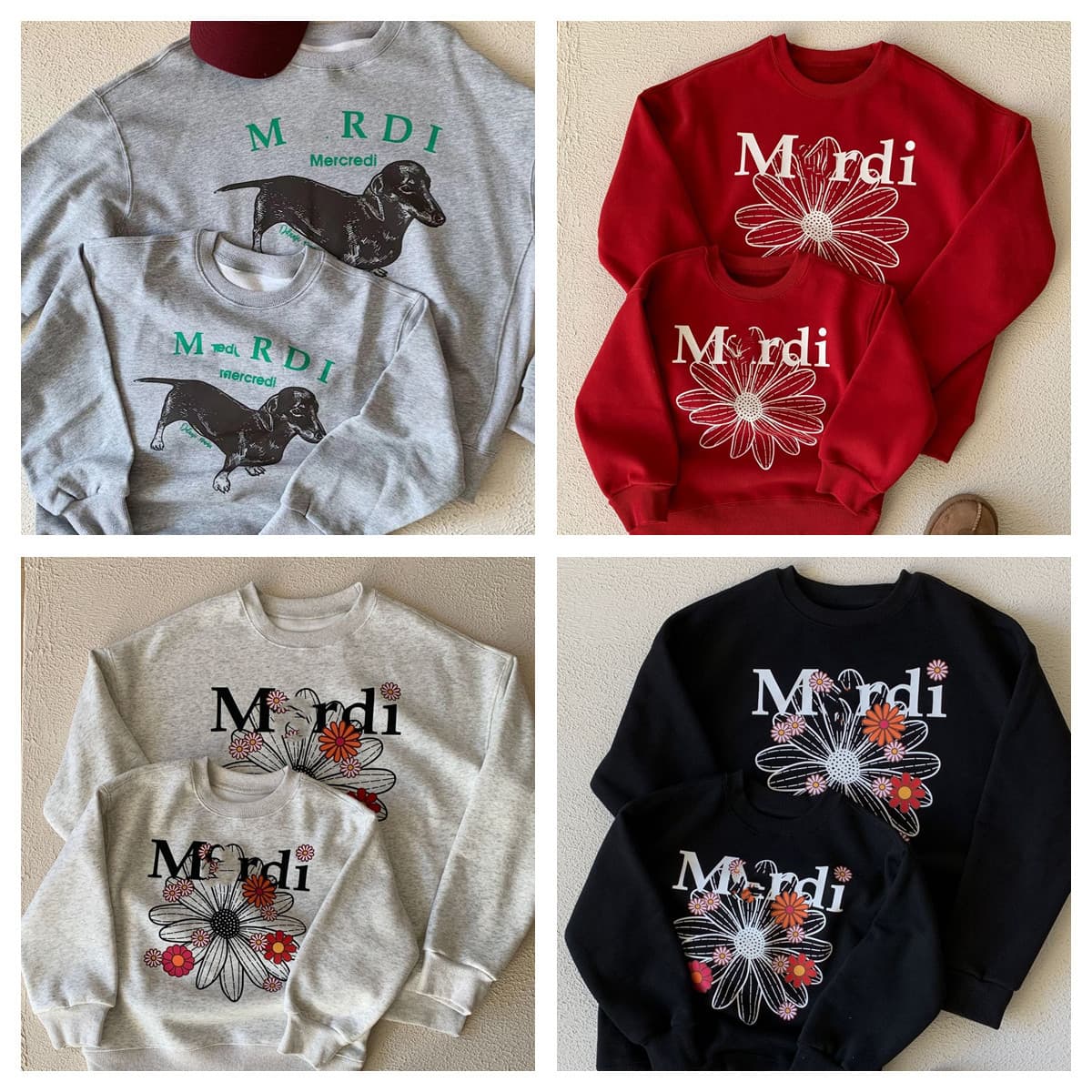 Popular Little Red Book parent-child sweatshirts, featuring daisies, dachshunds, dogs, letters, and floral patterns, available now.