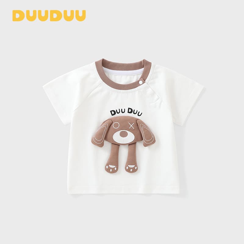 DUUDUU Boys Summer Clothing 2026 Summer Children's Short Sleeve T-Shirt Baby Girls White Top Dog Print Shirt