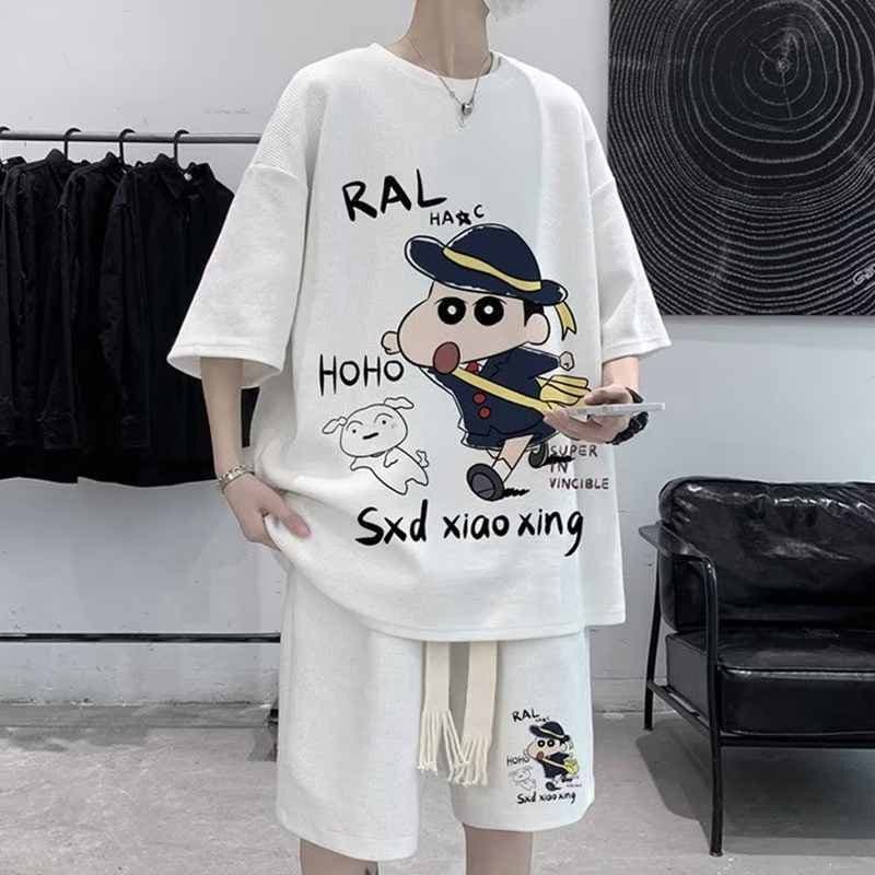 Waffle Knit Set Summer Men's Shorts Short Sleeve T-Shirt Casual Ins Fashion Sports Matching Outfit Cool 12