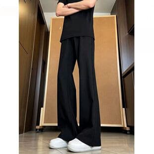 Solid Ice Silk Cleanfit Black Micro-Flared Dress Pants for Men, Draped Straight-Leg Casual Trousers, Versatile Slimming Suit Pants