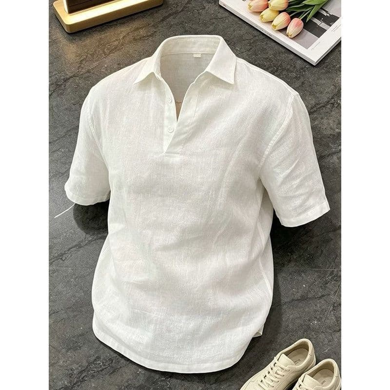 Old Money Style Men's Linen Collar Short-Sleeve Polo Shirt, Summer Thin Cool Breathable T-Shirt, Relaxed Half-Sleeve
