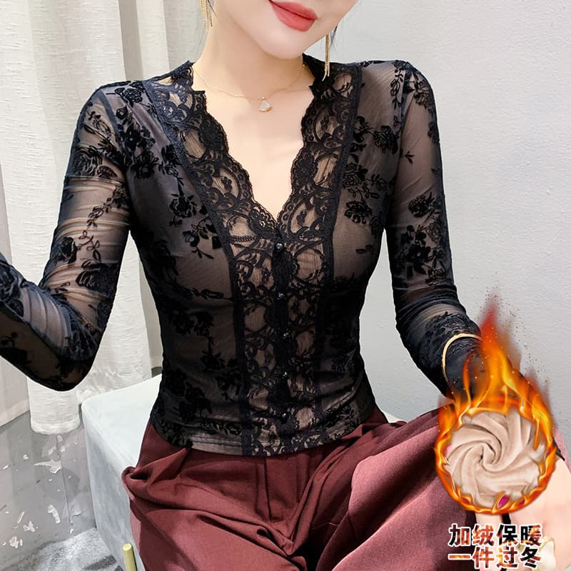 Sexy V-Neck Lace Base Layer Top for Women, Autumn/Winter New Design, Slimming Bodycon Long-Sleeve Inner Shirt, Trendy
