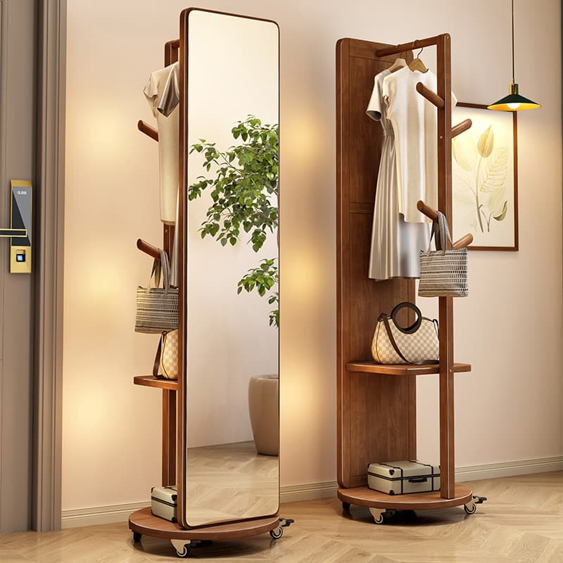 Mirror with Integrated Coat Rack, Movable Multi-functional Wooden Coat Stand for Bedroom Floor