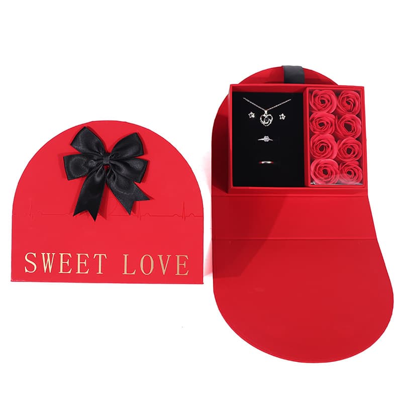 SWEET LOVE Red Gift Box with 8 Rose Arc Handles, Black Bow Red Box