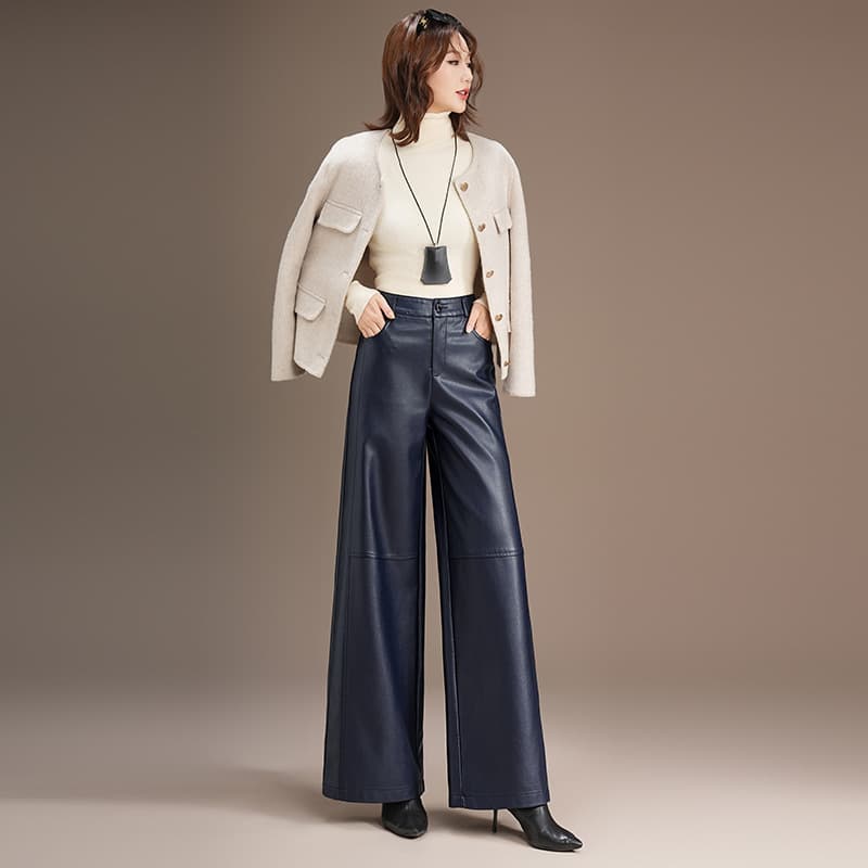 New Fall/Winter Fashion High-Waist PU Leather Pants for Women, Draped Slim-Fit Straight-Leg Long Pants, Casual Wide-Leg Floor-Length Trousers, Trendy