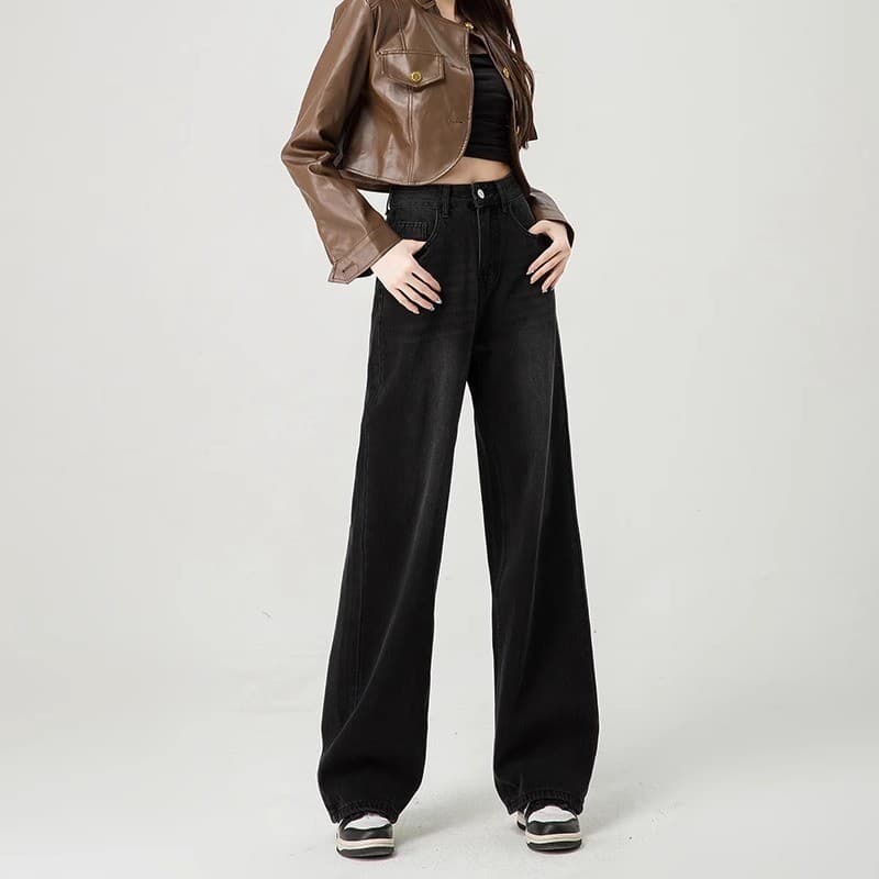 Black-Gray High-Waist Wide-Leg Jeans for Women Straight Loose Trendy Versatile New Style Slimming Floor-Length Pants