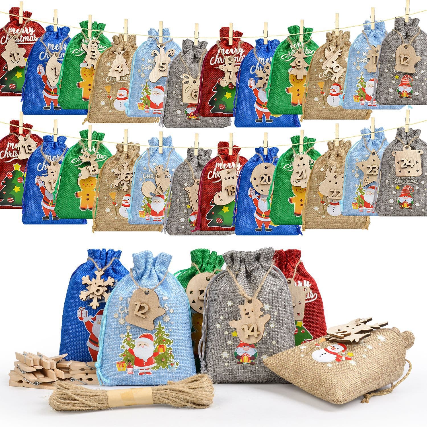 New Christmas Countdown Number Wooden Tag Advent Calendar Drawstring Gift Pouch Burlap Bag