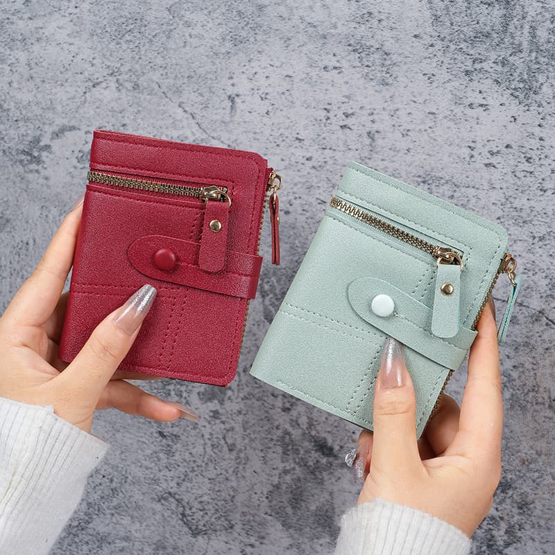 Cross-Border Best-Selling Solid Color Women's Wallet with Buckle Stitching and Zipper Coin Purse, Short Card Holder, Women's Wallet Wholesale