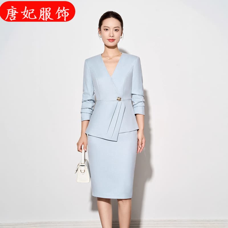 Light Blue V-Neck Long-Sleeve Blazer Dress Set for Women, New Autumn/Winter Two-Piece Business Casual Slim Fit