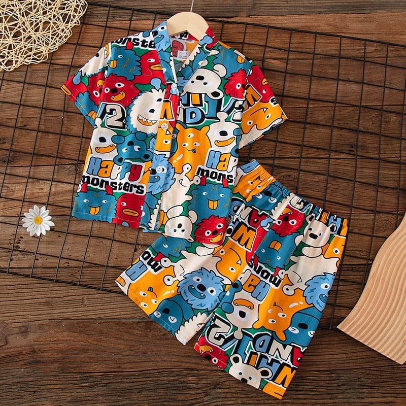 Summer Children's Cotton Silk Pajamas for Girls and Boys, Cartoon Short Sleeve, Home Wear, Air Conditioning Suit