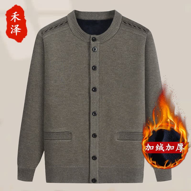 Cardigan sweaters for middle-aged and elderly fathers, warm knitwear for autumn and winter, thick fleece coats for grandfathers, men's clothing for seniors.