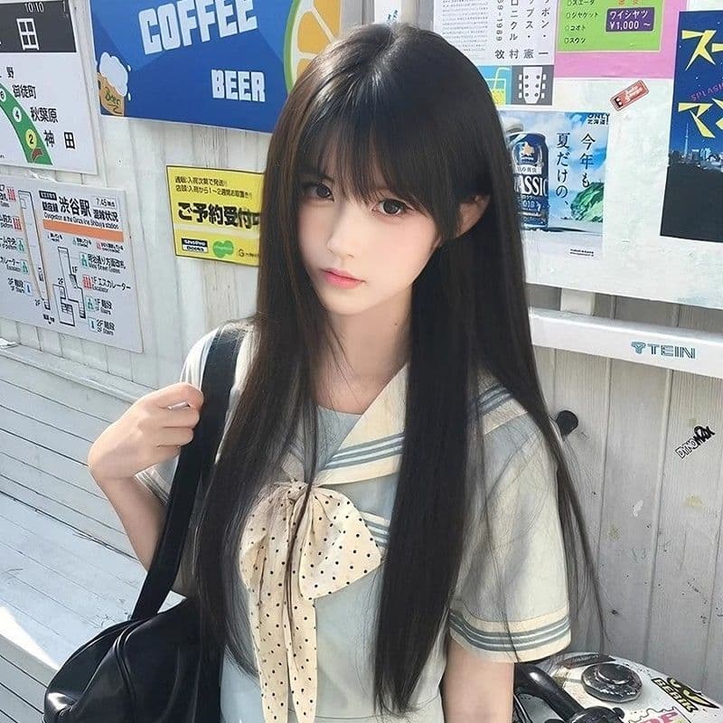 Long Black Straight Wig Lolita Women Realistic Hair Natural Air Bangs Full Cap Japanese Style