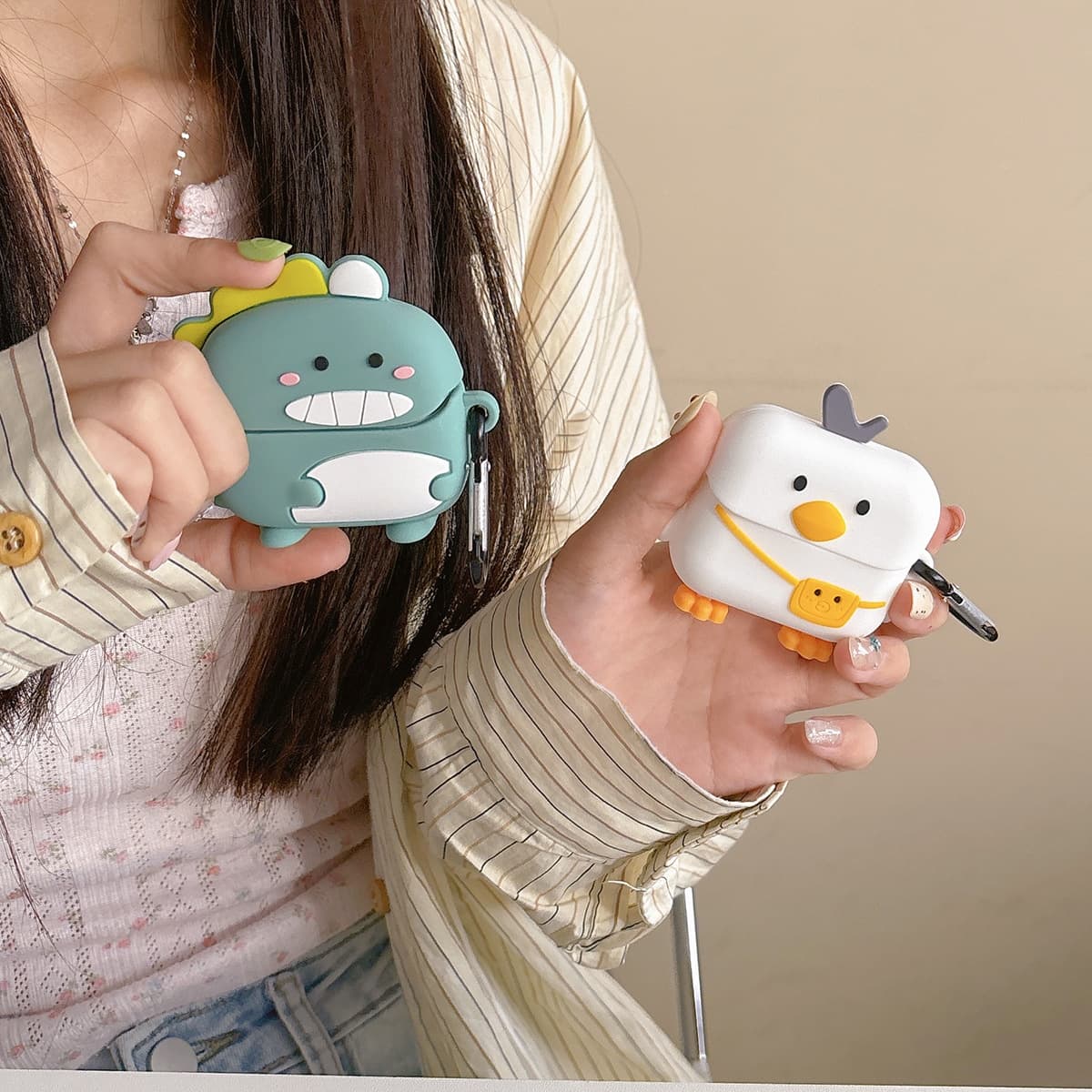 Pink and Green Cute Dinosaur Silicone Protective Case for Samsung Galaxy Buds3/Buds3 Pro Wireless Bluetooth Headphones