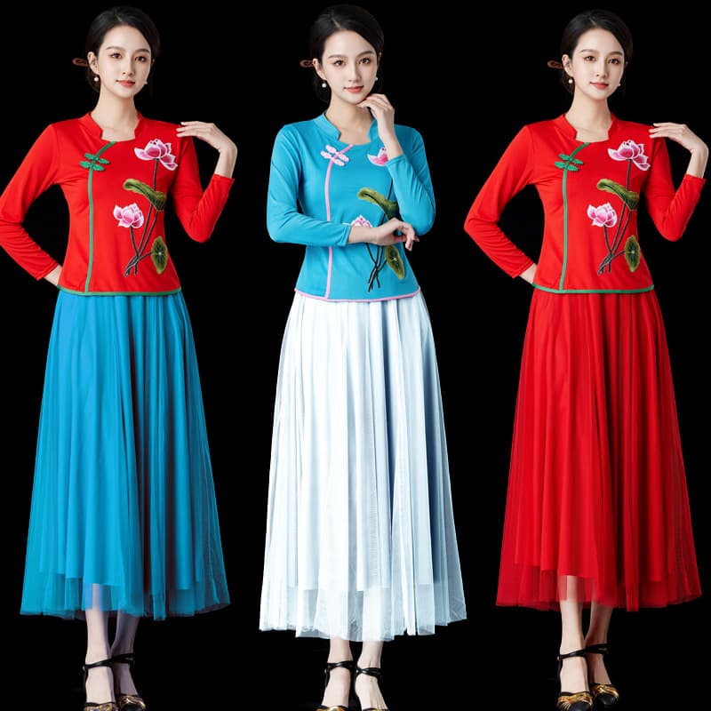 New Square Dance Costume Set Milk Silk Ethnic Fan Dance Yangko Performance Long Dress Women