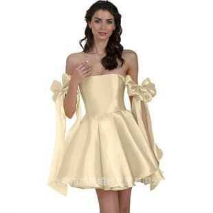 French Short Off-Shoulder Bow Design Short Dress Satin Banquet Birthday Party Prom Gown for Women